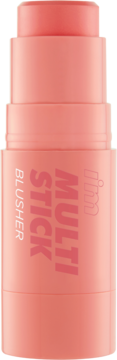 Róż w sztyfcie I’m Meme I’m Multi Stick Blusher Rose, w brzoskwiniowym opakowaniu, z wysuniętym kremowym wnętrzem.