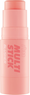 Róż w sztyfcie I'm Meme Multi Stick Blusher Mellow Pink. Jasnoróżowy, pionowo ułożony, z jasnymi napisami.