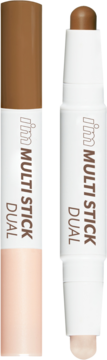 I’m Meme Multi Stick Dual: dwa kremowe sztyfty, brązowy kontur i beżowy rozświetlacz, jeden otwarty, pionowo.