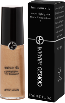 Giorgio Armani Luminous Silk Acqua Highlighter, złoty rozświetlacz w szklanej butelce z czarnym pudełkiem, widok z przodu.