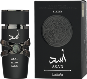 Perfumy Asad Elixir Lattafa: czarna butelka z metalowymi zdobieniami i pudełko z arabskim napisem obok.