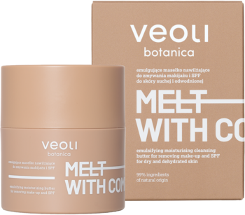 Beżowe masełko Veoli Botanica Melt With Comfort do zmywania makijażu i SPF, słoiczek z przodu, pudełko z tyłu.