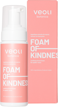 Różowa pianka Veoli Botanica Foam Of Kindness do skóry naczyniowej w butelce z pompką i jej kartonik.