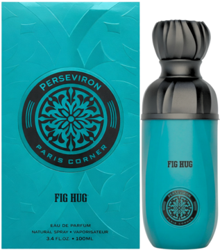 Turkusowa woda perfumowana Paris Corner Fig Hug EDP, butelka i pudełko z czarnymi detalami, widok z przodu.