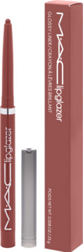 Różowa kredka MAC Lipglazer, błyszczący liner do ust z odkręconą zatyczką, obok pudełka na jasnym tle.