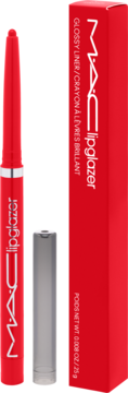 Czerwony MAC Lip Glazer, błyszcząca kredka do ust, z otwartą przezroczystą zatyczką, obok czerwonego pudełka.