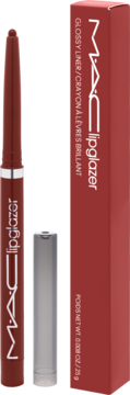 MAC lipglazer, brązowa kredka do ust, obok pudełka. Widoczna srebrna obręcz i zdjęta przezroczysta nakładka.