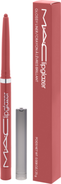 MAC Lipglazer błyszczyk/kredka do ust w koralowym odcieniu, otwarta z zakrętką obok, obok stoi pudełko.