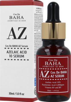 Serum Cos De BAHA AZ z 10% kwasem azelainowym, butelka z pipetą i białe opakowanie na jasnym tle.