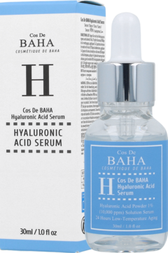 Serum Cos De BAHA z kwasem hialuronowym, butelka z pipetą i biało-niebieskie pudełko, widok z przodu.