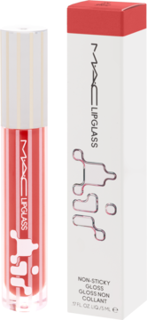 Czerwony błyszczyk MAC Lipglass w tubce obok białego kartonika z czerwoną górą i wzorem, widok z przodu.
