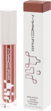 MAC Lipglass, beżowy błyszczyk w przezroczystej tubce z białą nakrętką, obok białe opakowanie, non-sticky.