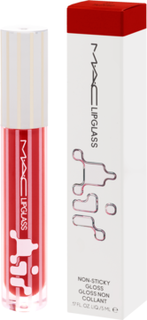 Czerwony błyszczyk MAC Lipglass w przezroczystej tubce obok białego pudełka z czerwonym akcentem.