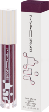 MAC Lipglass ciemnoczerwony błyszczyk z brokatem w tubce i białym pudełku z napisem 'NON-STICKY GLOSS'.