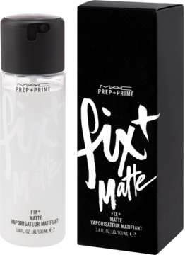 Matujący spray MAC Prep+Prime Fix+ Matte w białej butelce z czarnym pudełkiem, widok z przodu.