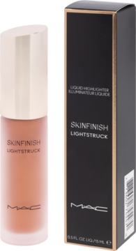 MAC Skinfinish Lightstruck płynny rozświetlacz w brzoskwiniowo-złotej butelce i czarnym pudełku, widok z przodu.
