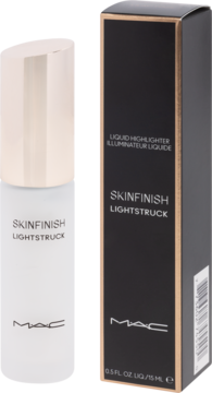 MAC Skinfinish Lightstruck, płynny rozświetlacz w białej butelce i czarnym pudełku, stojące obok siebie.
