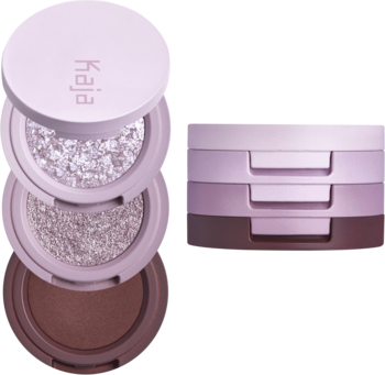 Kaja Beauty Bento Taro Bubble Tea, otwarty zestaw trzech cieni: lśniący biały, fioletowy i matowy brąz, obok zamkniętego.