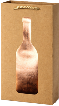 Elegancka brązowa torebka prezentowa z matowego papieru 190 gsm, z błyszczącym nadrukiem butelki wina, widok z przodu.