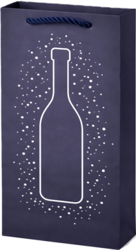 Elegancka granatowa toreba prezentowa na wino, satynowy mat, z białym obrysem butelki i drobinkami, widok z przodu.