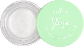essence THE game EDIT 24h freeze brow gel. Otwarty słoiczek z białym żelem, obok jasnozielona zakrętka.