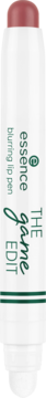 Essence blurring lip pen THE game EDIT, z matową końcówką w pudrowym różu, biała obudowa z zielonym tekstem.