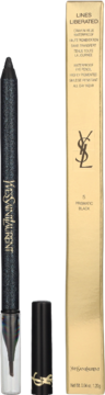 Czarna, brokatowa kredka do oczu YSL Prismatic Black, z widoczną końcówką, obok smukłe, złote opakowanie.