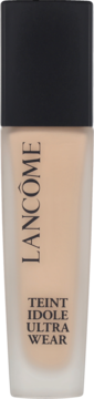 Jasny podkład Lancôme Teint Idole Ultra Wear w matowej szklanej butelce z czarną nakrętką, front.