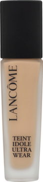Pionowa, matowa butelka podkładu Lancôme Teint Idole Ultra Wear w kolorze beżowym, z czarną nakrętką. Widok z przodu.