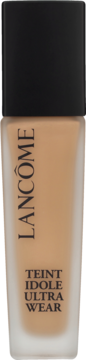 Beżowy podkład kryjący Lancôme Teint Idole Ultra Wear w szklanej butelce z czarną nakrętką, widok z przodu.