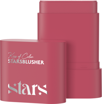 Malinowy kremowy róż STARSBLUSHER w sztyfcie, częściowo otwarty, z nakrętką obok. Widoczne srebrne logo.