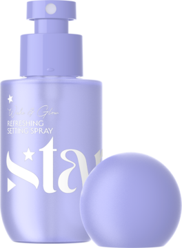 Lawendowy odświeżający spray utrwalający Star Wake & Glow, butelka z pompką i kulista zakrętka obok.