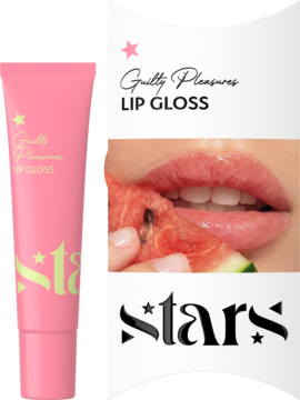 Różowy błyszczyk Guilty Pleasures Lip Gloss w tubce z zielonymi gwiazdkami i zbliżenie na lśniące usta z arbuzem.