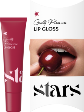 Błyszczyk Guilty Pleasures Stars w ciemnoróżowej tubce, obok zbliżenie ust z wiśnią, dla lśniącego efektu.