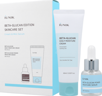 Zestaw IUNIK Beta-Glucan Edition: białe pudełko, nawilżający krem 60ml i serum obok, na jasnym tle.