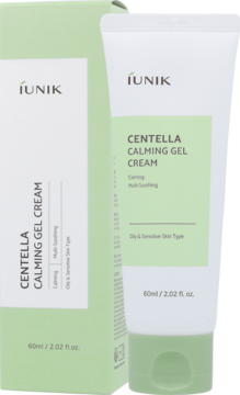 iUNIK Centella Calming Gel Cream w białej tubce z zieloną nakrętką i kartonowym pudełku, widok pod kątem.