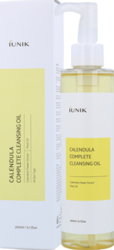 iUNIK Calendula Complete Cleansing Oil z nagietkiem w butelce z pompką, obok białe pudełko, widok z przodu.