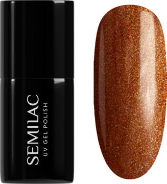 Semilac Cinnamon Glazed UV gel polish: czarna butelka obok migdałowego wzornika, cynamonowo-karmelowy kolor z połyskiem.