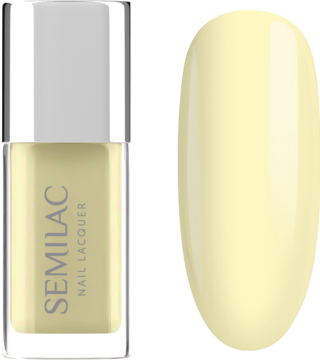 Butelka Semilac Nail Lacquer Butter Yellow i próbka masełkowego żółtego lakieru do paznokci na wzorniku.