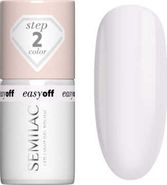 Semilac Easy Off LED Light Milky Pink: butelka obok swatcha półtransparentnego mleczno-różowego lakieru na paznokciu.