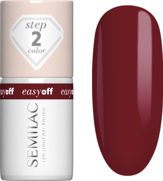 Lakier hybrydowy Semilac Easy Off LED Light L23 Burgundy, butelka i swatch. Głęboki półkryjący burgund.