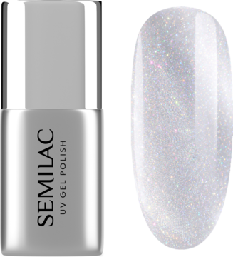 Semilac Top No Wipe Cat Eye Holo: srebrna butelka i wzornik paznokcia z intensywnie holograficznym, lśniącym topem.