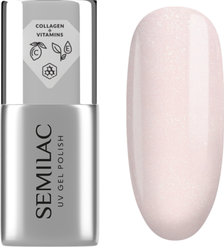 Baza Semilac Collagen Base Milky Shine 7 ml w srebrnej butelce, obok mleczny swatch z różowo-zielonym brokatem.
