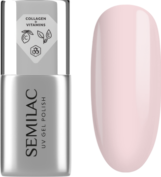 Semilac Collagen Base Soft Pink 7ml: srebrna butelka z napisem, detale collagen i witaminy, obok swatch delikatnego różu.