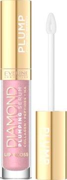 Błyszczyk-serum Eveline Diamond Plumping z kolagenem i peptydami, różowy z otwartym aplikatorem.