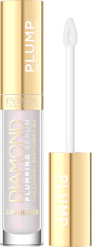 Eveline Diamond Plumping Lip Gloss Serum z efektem chłodzącym, przezroczyste z perłowym połyskiem, aplikator obok.