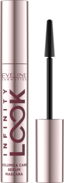 Eveline Infinity Look serum mascara, różowo-złota tubka, z wyjętą stożkową, czarną szczoteczką.