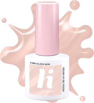 hi HYBRID #386 Glass Skin wegański lakier hybrydowy UV, transparentny nude. Butelka na tle błyszczącej smugi.