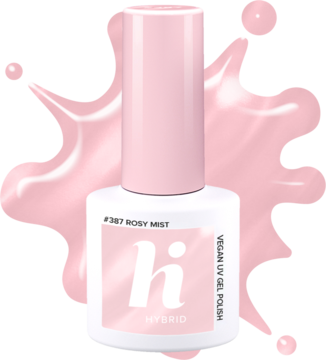 Różowy lakier hybrydowy hi #387 Rosy Mist w białej buteleczce, widok z przodu, na rozmytym różowym tle.