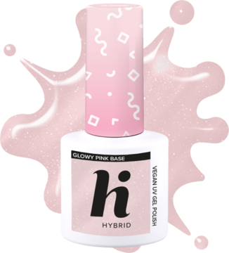 Wegańska baza hybrydowa hi HYBRID Glowy Pink Base, różowa z delikatnym efektem glow, w białej butelce, widok z przodu.